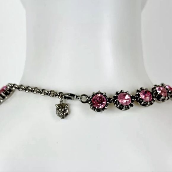 Gucci $1,200 Pink Crystal Collar 19" Necklace Silver Tone - Picture 6 of 7